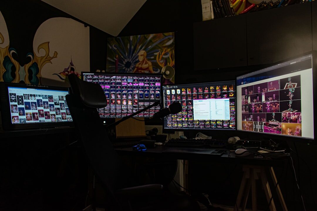 Broadcast control room with monitors showing live camera feeds
